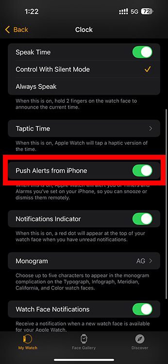 Push alerts from iPhone option in Watch app to sync iPhone and Apple Watch alarms