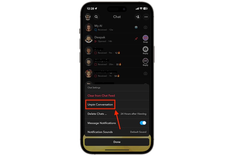 unpin conversation on snapchat