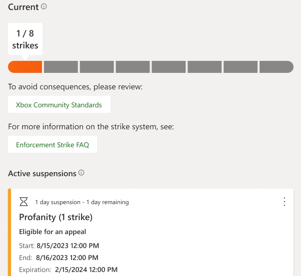 User interface for Xbox players to view their suspensions