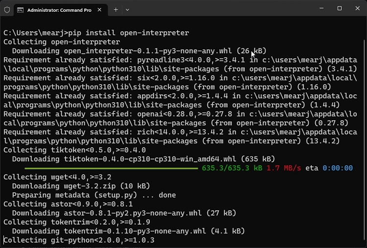 pip command to install open interpreter