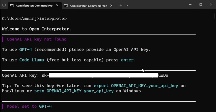 set API key in open interpreter