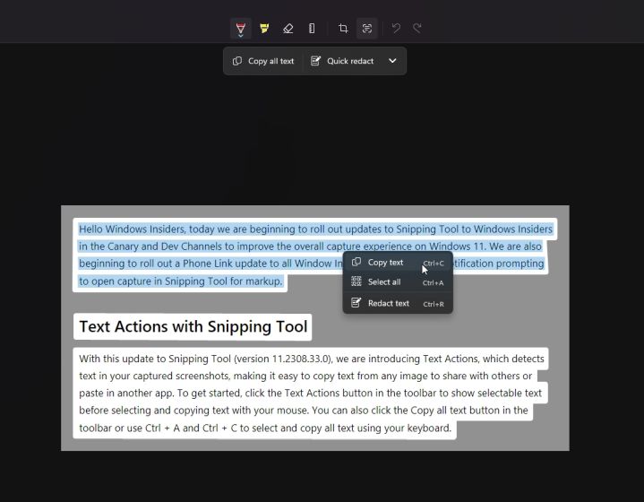 copy text from images using snipping tool
