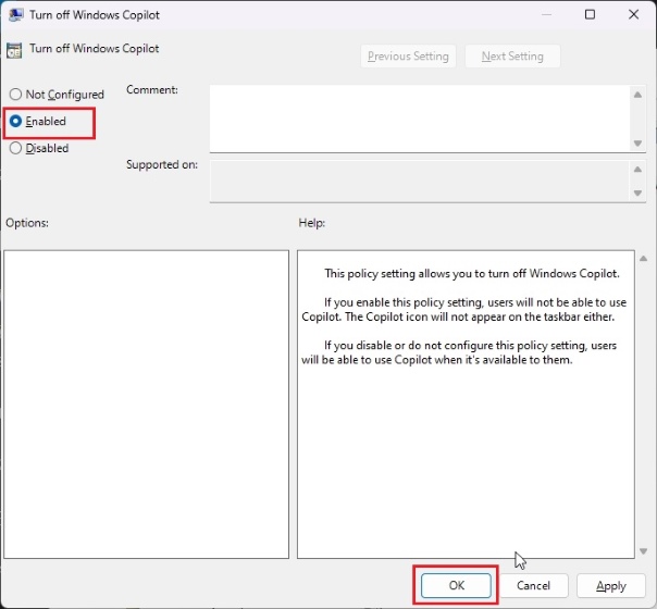 enable "turn off windows pilot" in group policy on windows 11