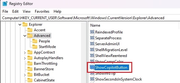 showcopilotbutton key in registry editor
