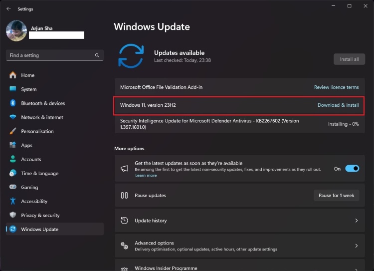 download and install windows 11 23h2 update via windows settings