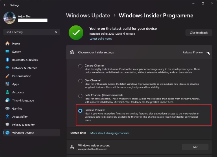 choose release preview channel in windows 11 settings