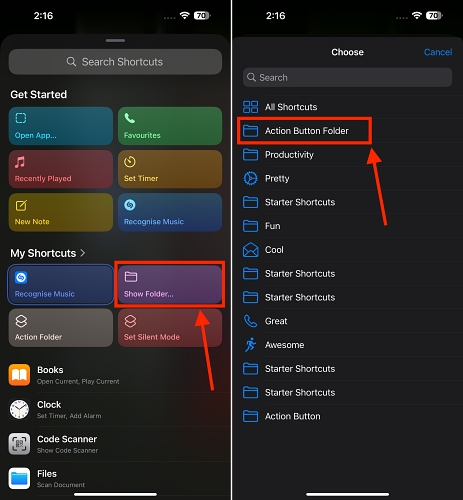 Add Shortcuts folder to Action button on iPhone 15 pro