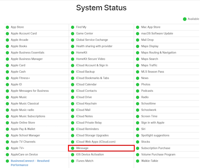 Apple System Status page