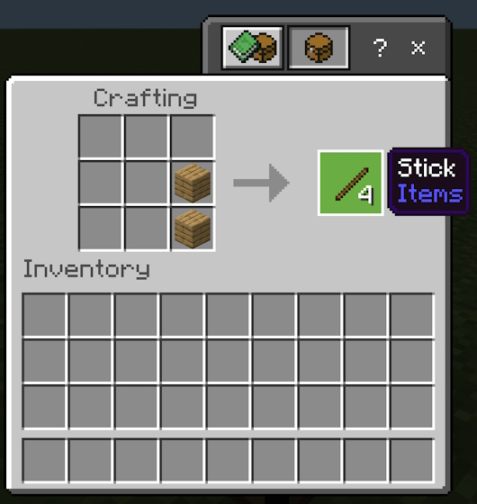 Crafting recipe for sticks