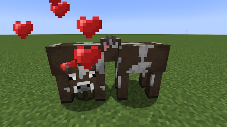 Cows breeding and producing a calf in Minecraft
