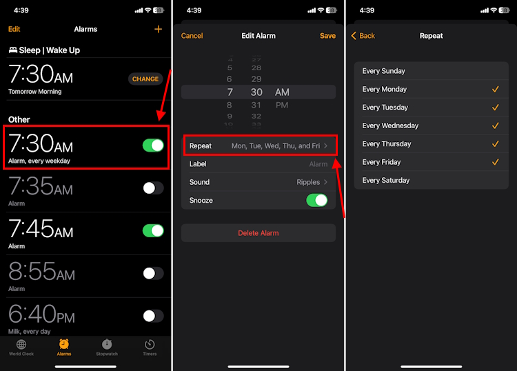 Check Alarm settings on iPhone