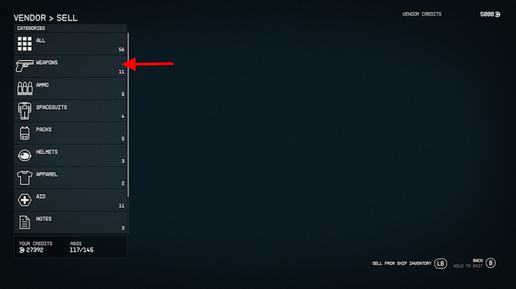Como vender armas, itens e equipamentos em Starfield 8 Escolha a categoria de arma starfield