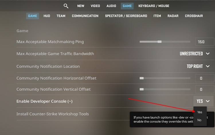 Click Enable console yes option in Counter strike 2