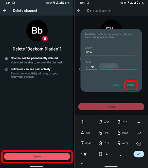 Confirming Phone Number to Delete WhatsApp Channel