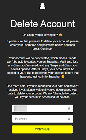 Snapcaht Account Deletion Log In Page 