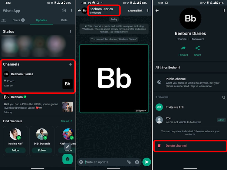 Finding the Delete Channel option on WhatsApp