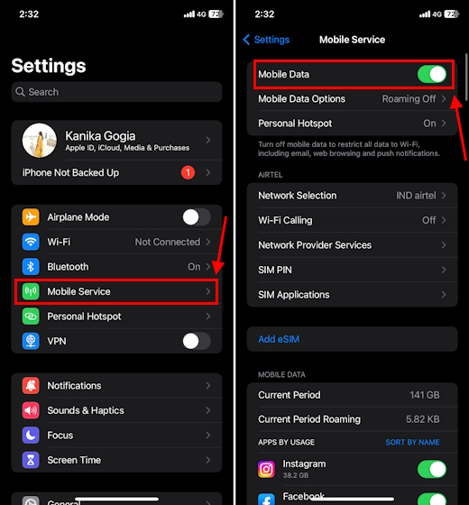 Enable Mobile Data on your iPhone