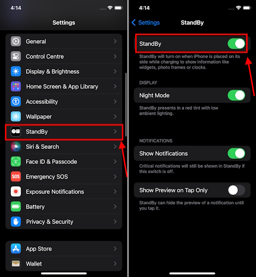 Enable StandBy mode in Settings