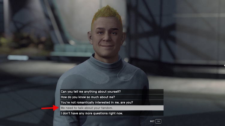 Talking about Fandom to adoring fan starfield
