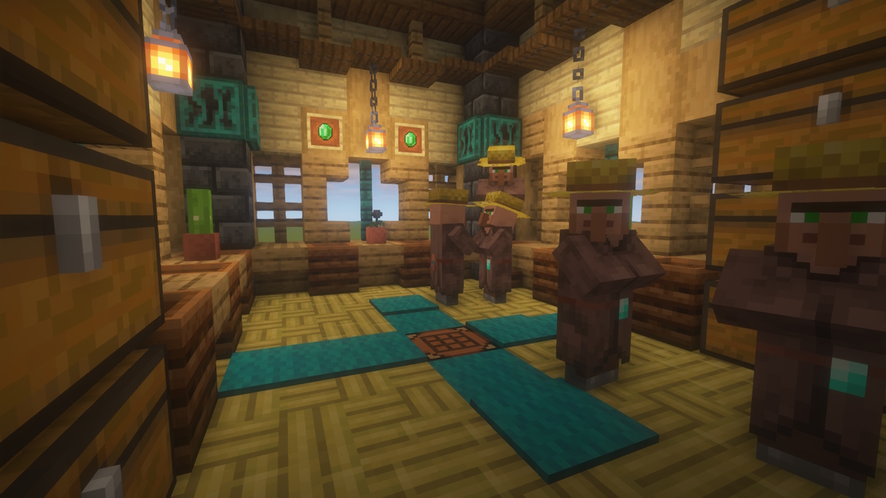 Small farmer villager trading room decorated with flower pots with cactus and wither rose inside them