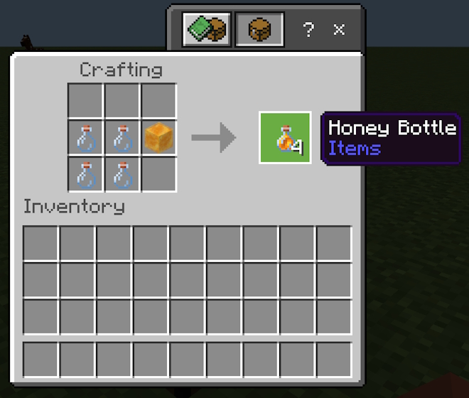 Crafting recipe for a honey bottle using empty glass bottles and a honey block in Minecraft