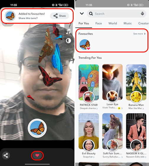 Adding Butterflies Lens on Snapchat to Favourites