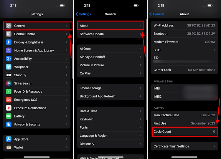 How to check battery cycle count in iPhone 15