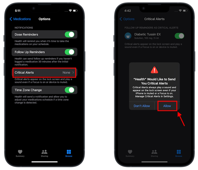 How to enable critical alerts for medications on iPhone
