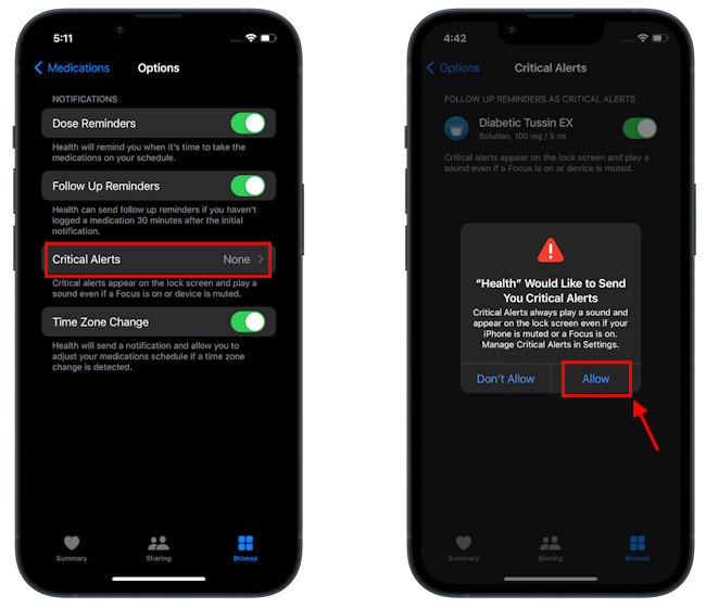 How to enable critical alerts for medications on iPhone