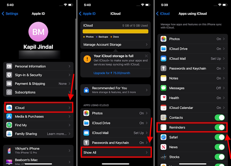 Enable iCloud for Reminders