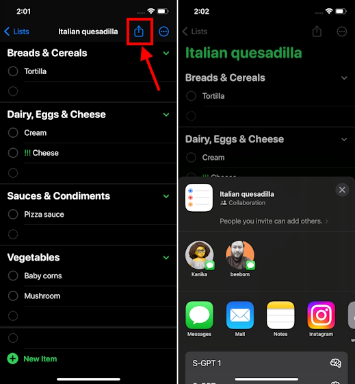 Share iOS 17 grocery list