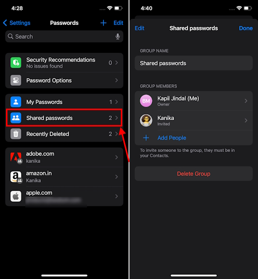 Shared passwords group on iPhone