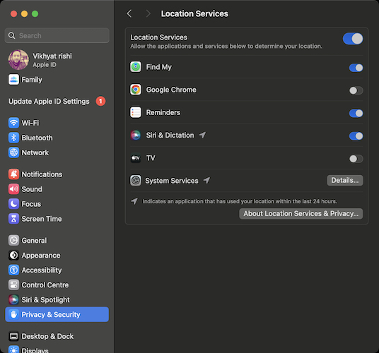 Location services settings on Mac