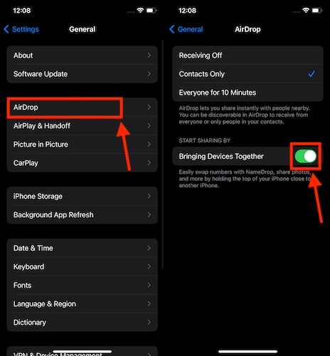 AirDrop settings on iPhone