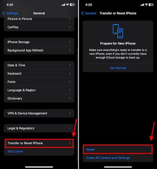 Reset option in iPhone Settings