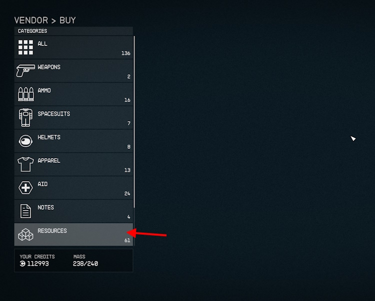 resources menu starfield