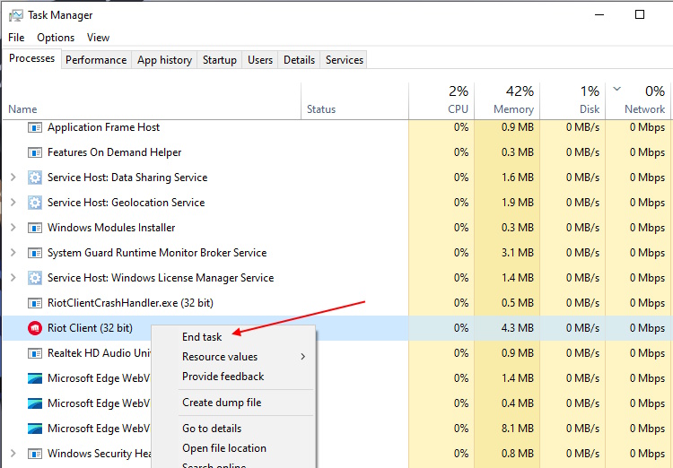 Riot Client in Task Manager end task