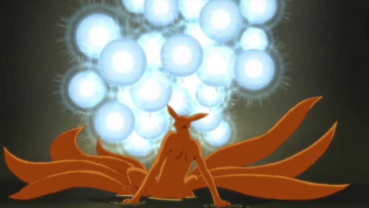Naruto using Sage Art: Many Ultra-Big Ball Spiralling Serial Spheres against Kurama