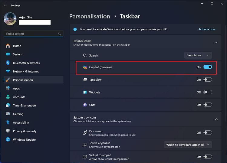 enable copilot on windows 11 via settings