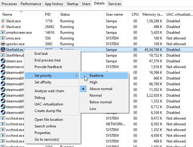 Set the priority to high in order to get maximum PC performance for Starfield