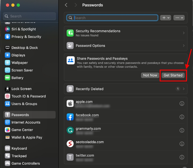 Shared Passwords and Passkeys option in Mac Settings