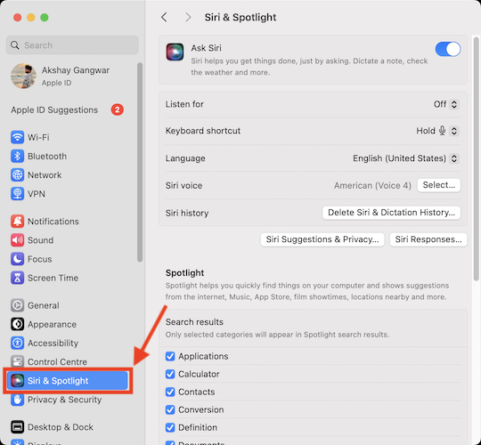 Impostazioni Siri e Spotlight su Mac