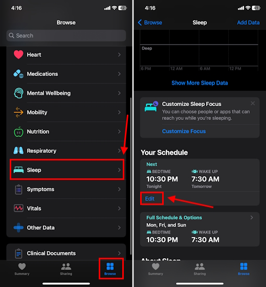 Sleep Schedule in Health app on iPhone