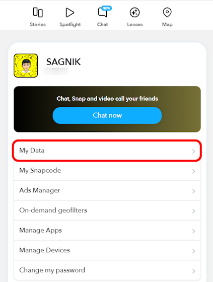 Snapchat Accounts Portal My Data Section