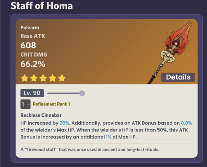 Staff of Homa - Best weapon for Zhongli Genshin Impact