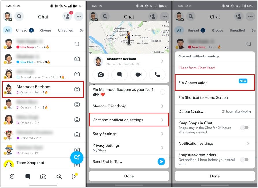 Steps to pin a conversation on Snapchat