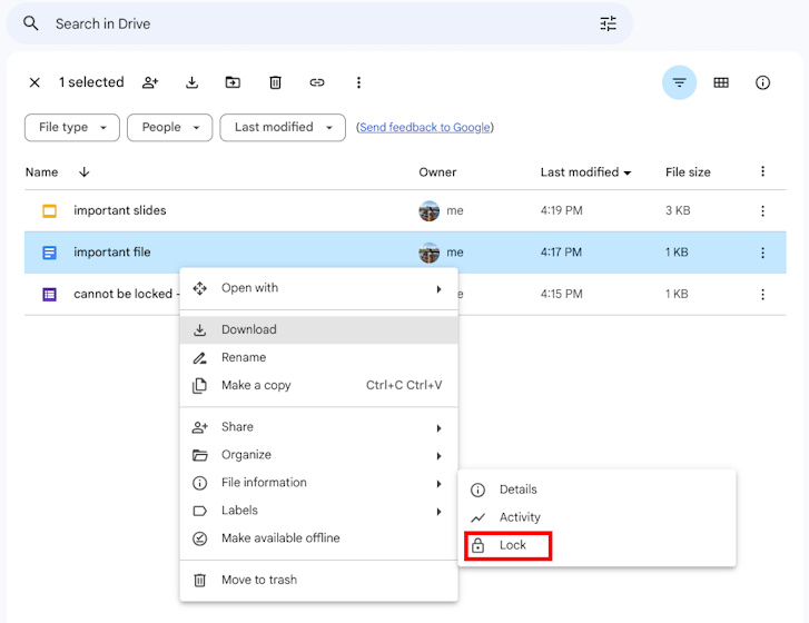 The file lock feature in Google Drive for Workspace customers is depicted via this image