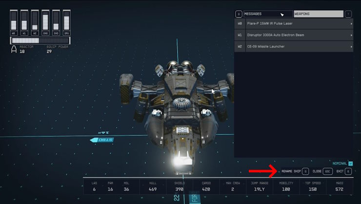 The flight check screen where spaceship rename option resides in Starfield