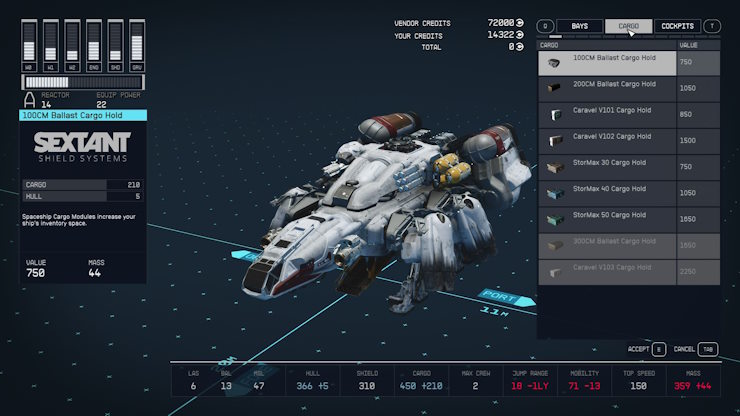 The ship storage upgrade options in Starfield