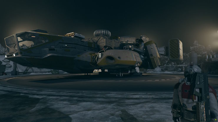 A nave espacial encontrada no covil do Mantis em Starfield